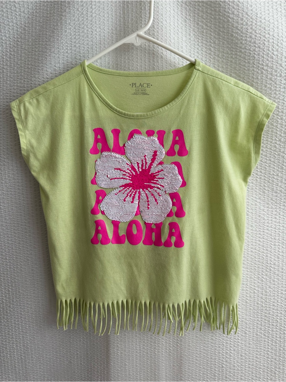 PLACE Aloha Hawaii Floral Hibiscus Green Pink Fringe Graphic Tee Girls 10/12